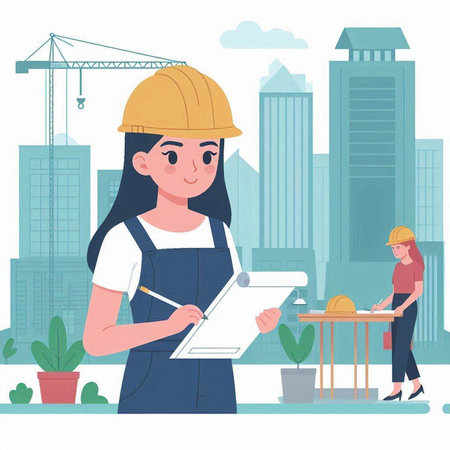 Architect and engineer working at construction site. Vector illustration in flat styleのイラスト素材