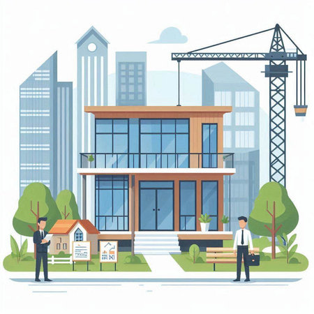 Real estate concept. Vector flat graphic design illustration of real estate agent, businessman with briefcase, building, park and crane on background.のイラスト素材