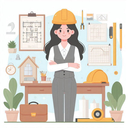 Architect woman in a flat design. Vector illustration of a female architect.のイラスト素材