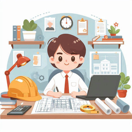 Architect working in the office. Vector illustration of a cartoon character.のイラスト素材