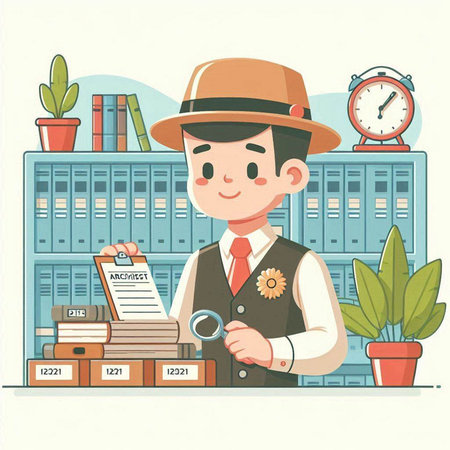 Illustration of a cartoon detective in his office. Vector illustration.のイラスト素材