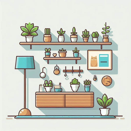 Interior living room with furniture and plants. Flat design. Vector illustration.のイラスト素材