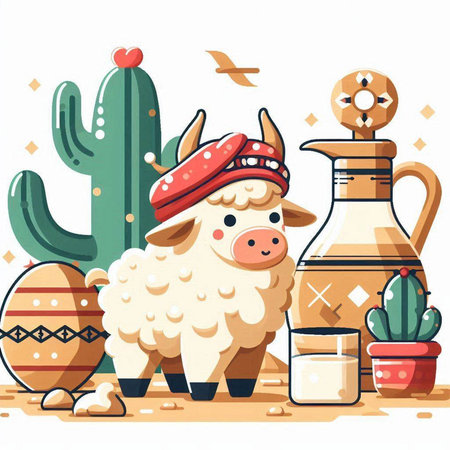 Cute cartoon llama with milk and cactus. Vector illustrationのイラスト素材