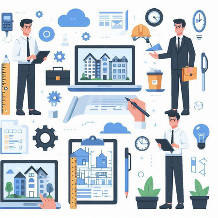 Real estate agency icons set. Businessman working with laptop, tablet computer, documents, house, calculator, magnifier, key, key, magnifying glass, clipboard, briefcase, calculator, ruler, keyのイラスト素材