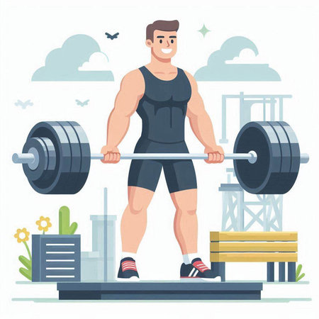 Man in sportswear training with barbell. Vector illustration in flat styleのイラスト素材