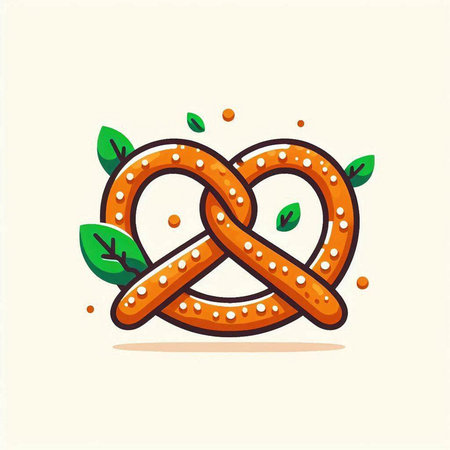 Bavarian pretzel with leaves. Vector illustration in flat styleのイラスト素材