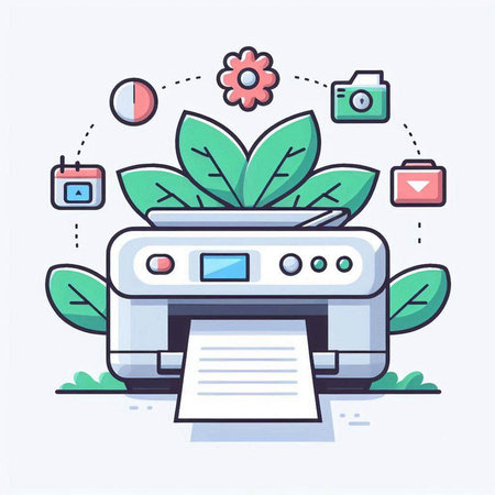 Modern flat line design vector illustration concept of printer with flower and camera.のイラスト素材