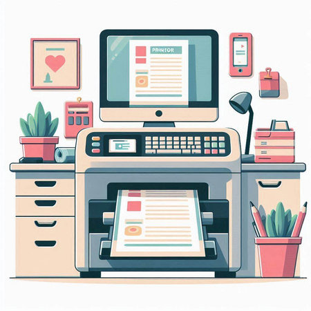 Colorful vector illustration of a desktop with a computer and various office itemsのイラスト素材