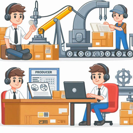 Vector illustration of a set of cartoon people working at the factory.のイラスト素材