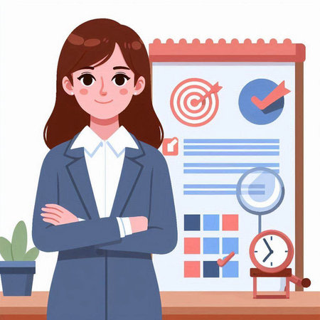 Businesswoman cartoon character vector illustration. Businesswoman in business suit standing near flipchart with charts.のイラスト素材