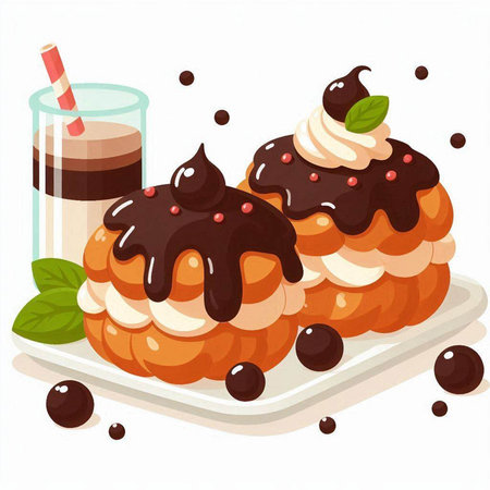 Creamy cakes with chocolate and whipped cream. Vector illustration.のイラスト素材
