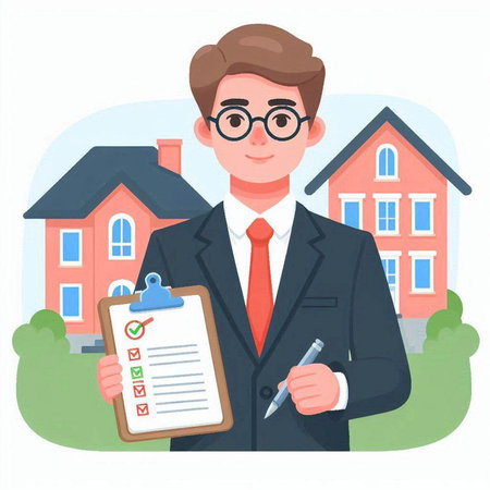 Real estate agent holding clipboard and pen. Vector illustration in cartoon styleのイラスト素材