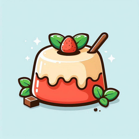 Cute cartoon panna cotta with strawberry and mint, vector illustration.のイラスト素材
