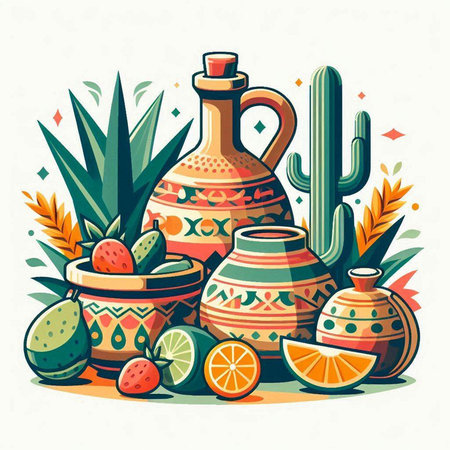 Cactuses, fruits and jug. Colorful vector illustration.のイラスト素材
