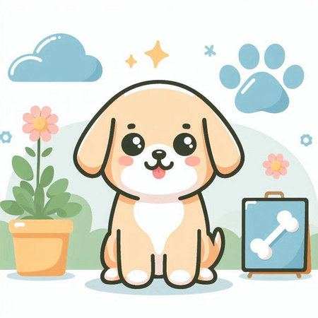 cute dog with bag and flower in pot vector illustration eps10のイラスト素材
