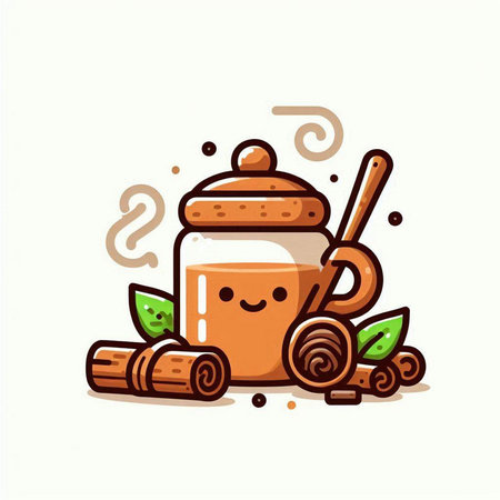Cute cup of tea with a spoon and cinnamon. Vector illustration.のイラスト素材