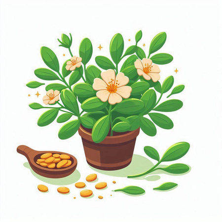 Illustration of a green plant in a pot with leaves and seedsのイラスト素材