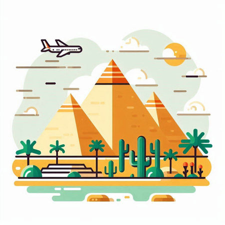 Egyptian pyramids with palm trees and airplane. Flat vector illustration.のイラスト素材