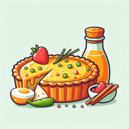 Cartoon vector illustration of a pie with egg, tomato and olivesのイラスト素材