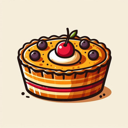 Illustration of a pie with cherries and cream on a light backgroundのイラスト素材