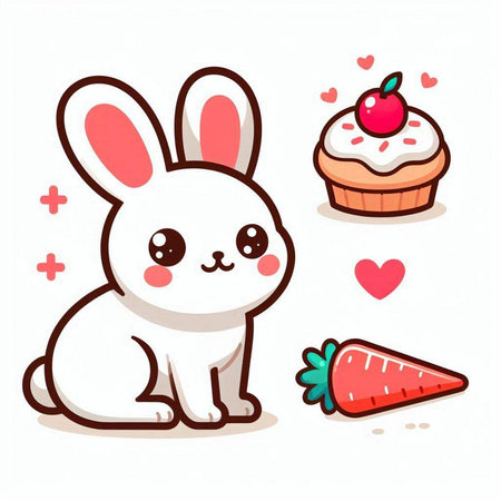 Cute cartoon bunny with a carrot and cupcake. Vector illustration.のイラスト素材