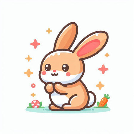 Cute bunny with flowers and butterflies. Vector illustration in cartoon style.のイラスト素材