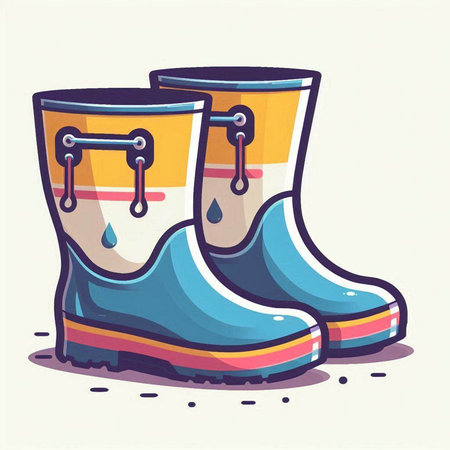 Vector illustration of rubber boots, watering can, bucket and water drops.のイラスト素材