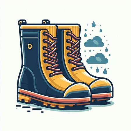 Rubber boots on a background of green plants. Vector illustration.のイラスト素材
