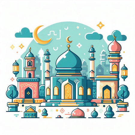 Vector illustration of mosque in flat style. Ramadan Kareem greeting card.のイラスト素材