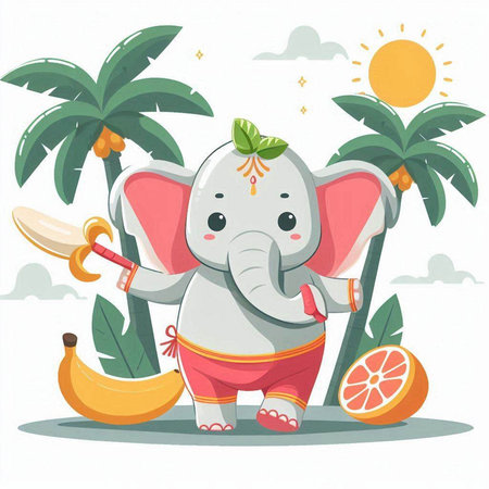 Vector illustration of cute cartoon elephant with tropical fruits in the background.のイラスト素材