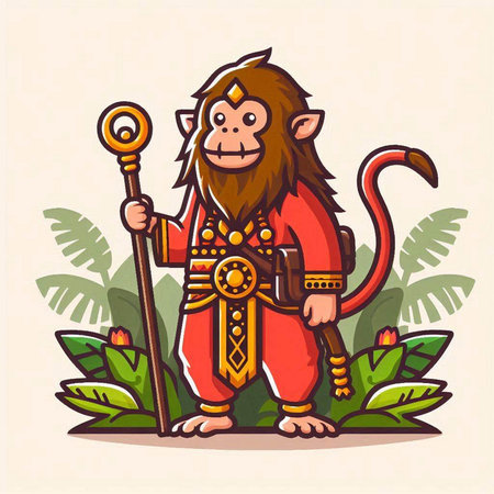 Monkey with a spear in his hands. Cartoon vector illustration.のイラスト素材