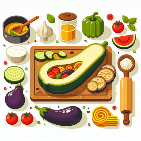 Vegetables on wooden cutting board. Vector illustration in cartoon styleのイラスト素材