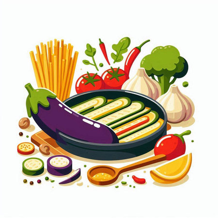 Vegetables in a frying pan. Vector illustration on white background.のイラスト素材