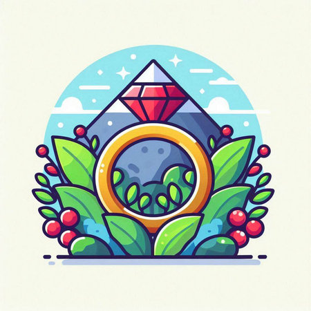 Wedding ring with diamond and berries. Vector flat illustration.のイラスト素材