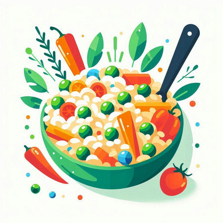 Vector illustration of a bowl of oatmeal with vegetables. Healthy breakfast.のイラスト素材