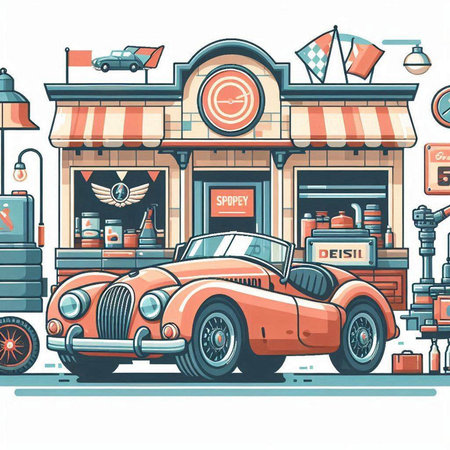 Retro car shop. Vector illustration in vintage style. Hand-drawn.のイラスト素材