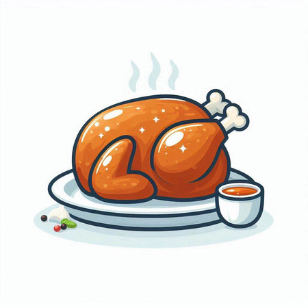 Roast chicken on a plate with a cup of coffee. Vector illustration.のイラスト素材
