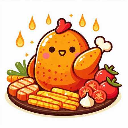 Roast chicken with vegetables on a white background. Vector illustration.のイラスト素材