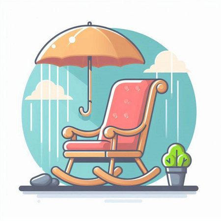 Illustration of rocking chair with umbrella in the rain. Vector illustrationのイラスト素材