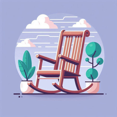 Wooden rocking chair in the park. Vector illustration in flat styleのイラスト素材