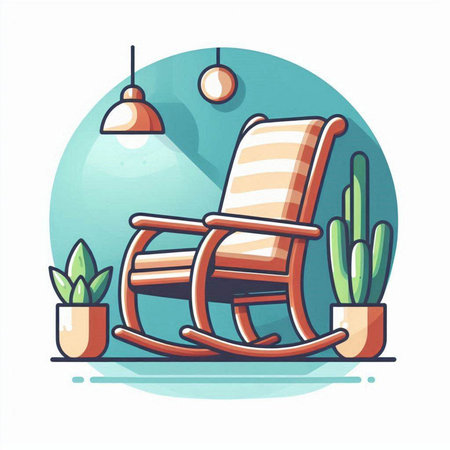 Vector illustration of rocking chair in living room interior with potted plants.のイラスト素材