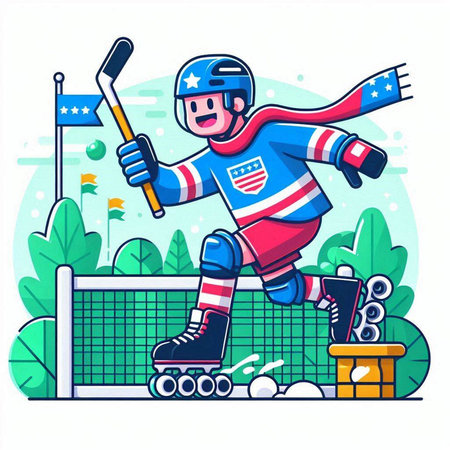 Hockey player in sportswear and helmet riding on skates. Vector illustrationのイラスト素材