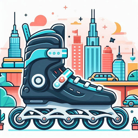 Roller skates on the background of the city. Vector illustration.のイラスト素材