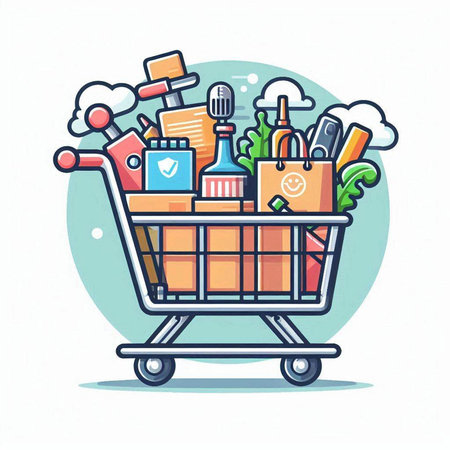 Shopping cart full of products. Vector illustration in line art style.のイラスト素材