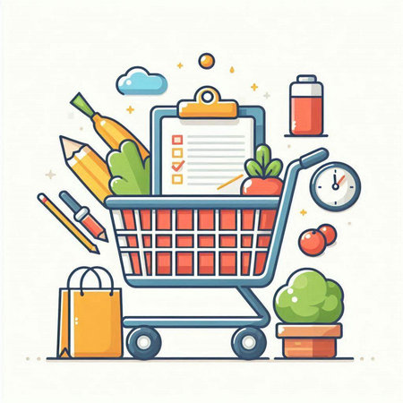 Shopping cart with shopping bags, pencils, pens, pencils. Flat line vector illustration.のイラスト素材