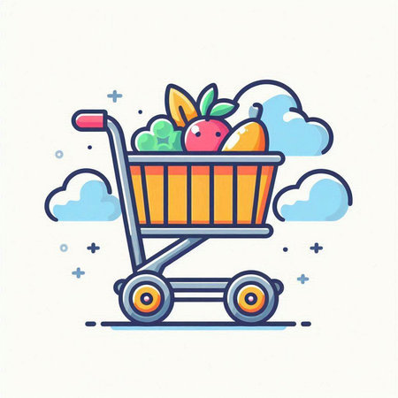 Shopping cart with fruits and vegetables. Vector illustration in flat linear style.のイラスト素材