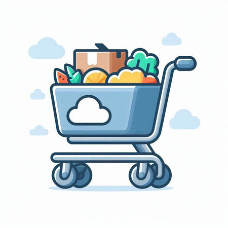 Cart with shopping cart full of food. Cute vector illustration.のイラスト素材