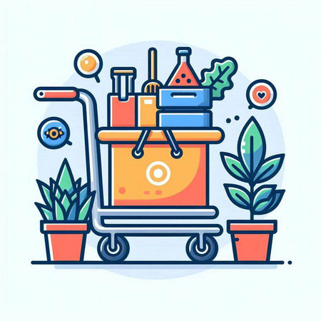 Grocery cart filled with food and drinks. Vector illustration.のイラスト素材