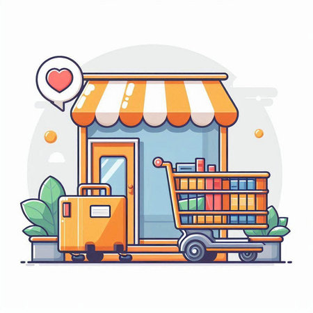 Cargo store, shopping cart with boxes and boxes. Vector illustrationのイラスト素材