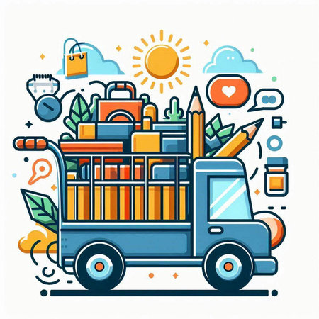 Vector line art illustration of truck with school supplies. Concept for web banners, printed materials and advertising.のイラスト素材